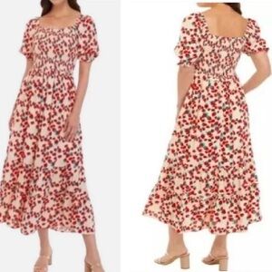 Betsey Johnson Dress  Strawberry Fields Smocked Maxi Tiered Red Pink Cottage